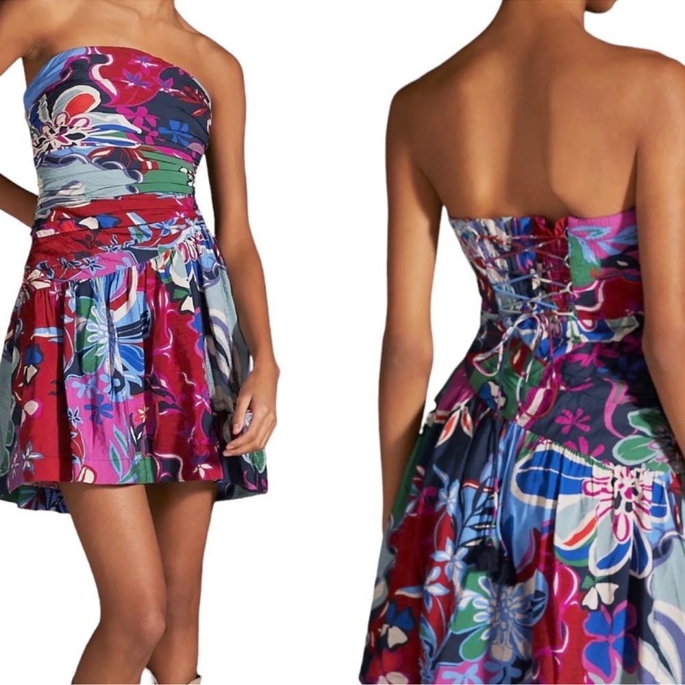 Anthropologie Floral Lace-Up Strapless Mini Dress